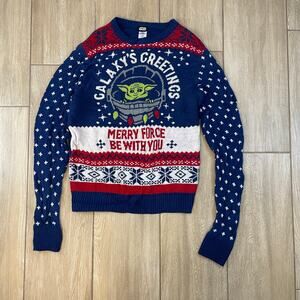 Star Wars Baby Yoda Galaxy’s Greetings Ugly Christmas Sweater Blue Knit L 42-44